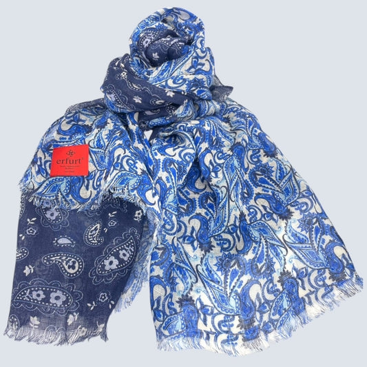 erfurt luxury Blue double paisley print linen Scarves 69 Navy