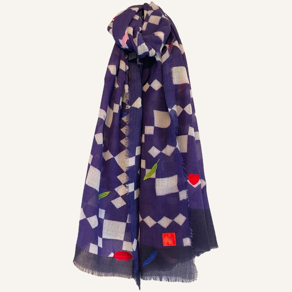 erfurt luxury Lips Hearts Leaves Embroideries Wool Scarves 69 Navy Blue