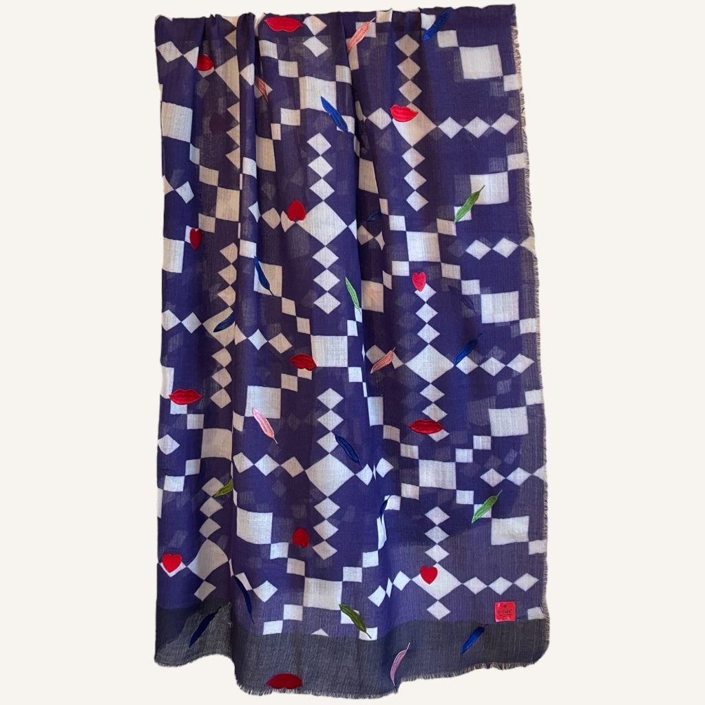 erfurt luxury Lips Hearts Leaves Embroideries Wool Scarves 69 Navy Blue