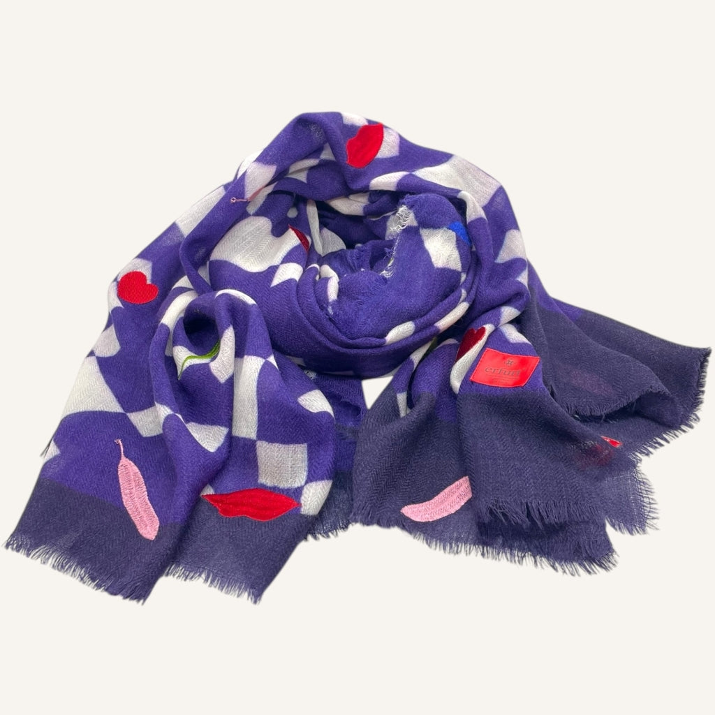 erfurt luxury Lips Hearts Leaves Embroideries Wool Scarves 69 Navy Blue